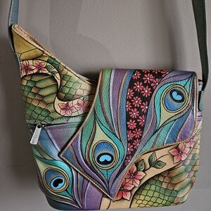 Anuschka Dancing Peacock Colorful Peacock Feather Crossbody Bag - Women